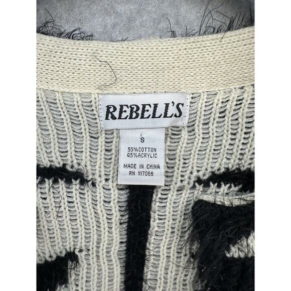 Rebells Womens Open Cardigan Fuzzy Black Cream Floral Print Long Sleeve Size S - Picture 6 of 11